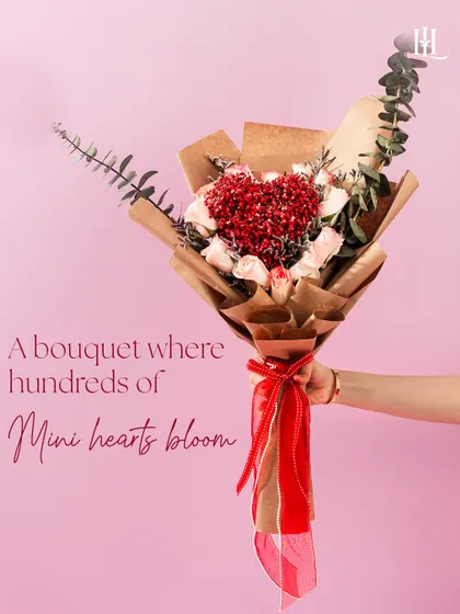 The full view of the mini-heart bouquet, a unique and artistic floral arrangement for a truly special Valentine.