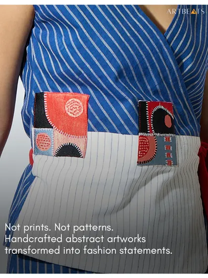 Not prints. Not patterns. These are handcrafted abstract artworks transformed into fashion statements. This image shows the art-detailed pockets on my Transcendence Kimono-Wrap set.