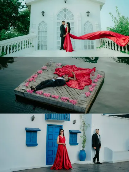A collage showcasing the versatility of a studio set. It features Nikhil and Anisha in dramatic poses, from a flowing red gown on a floating deck to a Santorini-inspired backdrop.