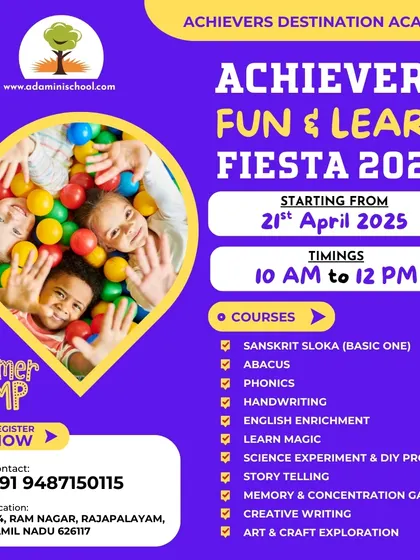 Announcing our summer camp in Ram Nagar, Rajapalayam! This flyer details the exciting courses we offer, including magic, creative writing, and phonics, designed to spark curiosity in every child.