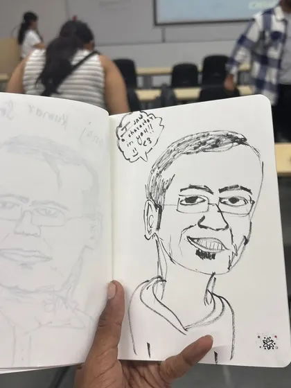 This is a page from a student's sketchbook at my IIIT Delhi workshop. It shows their attempt at drawing me after I drew them. This is the best outcome, when my demonstration inspires students to pick up the pen and try for themselves.