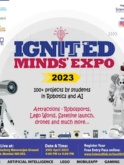 The official poster for our Ignited Minds Expo 2023, inviting everyone to a free event showcasing student projects in robotics, AI, LEGO, mobile apps, and more.