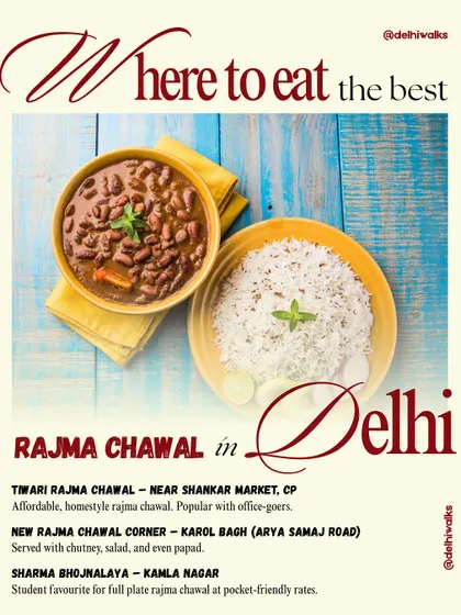 The ultimate comfort food: Rajma Chawal. Our guide lists the best places to get a homestyle plate, from Tiwari in CP to student-favorite Sharma Bhojnalaya.