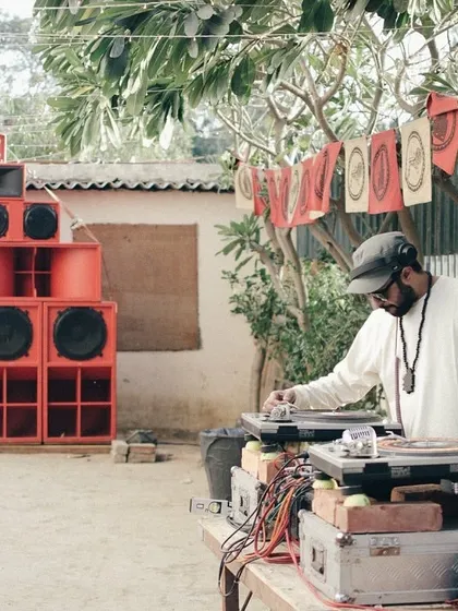 Playing on the mighty red boxes of the BFR Sound System. There's nothing like the physical power and audio quality of a proper, hand-built reggae sound system.