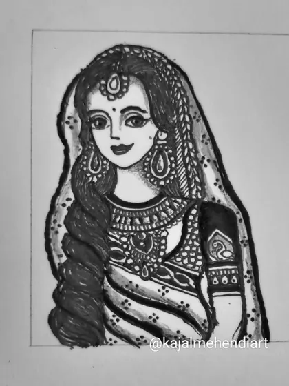 The same bridal sketch in black and white, which helps to highlight the line work and contrast. This shows the importance of bold and fine lines in creating depth.