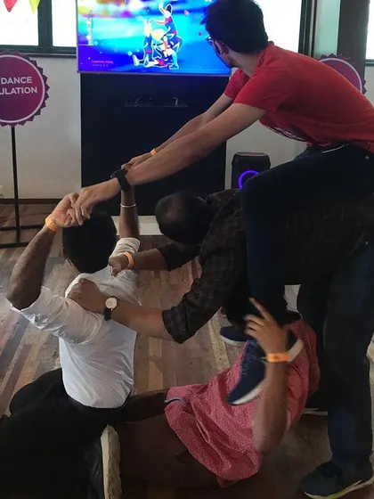 It's not just about solo sports; we offer group activities like this VR Dance Simulation. Colleagues team up for a fun and hilarious challenge, making it an excellent icebreaker and team-building activity for office parties and corporate fun days.