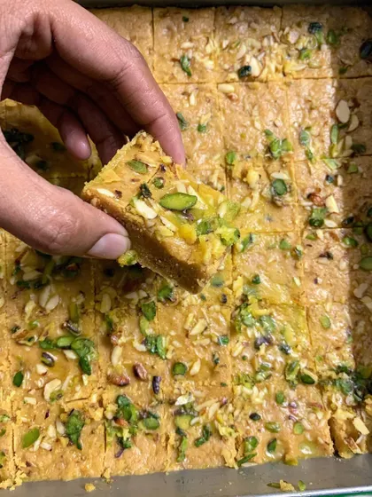 A tray of rich, creamy, and gluten-free Mohanthal, a traditional Gujarati sweet.