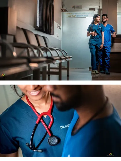 A collage featuring a close-up of a stethoscope forming a heart shape, a creative detail from a doctor couple's pre-wedding shoot.