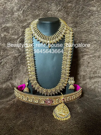 A beautiful antique coin (kasu) necklace set, including a choker, a long kasu haram, and a matching vaddanam. A very popular rental for its traditional appeal.