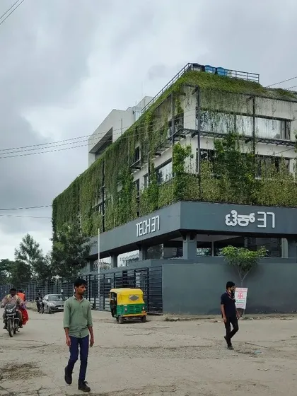 A wider view of the Tech 37 building, showing its relationship with the surrounding streetscape. The green facade offers a stark, refreshing contrast to the typical urban environment.