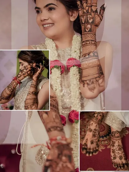 A collage showcasing the complete bridal mehendi for Harshita, including a beautiful view of her intricate foot mehendi, matching the designs on her hands.