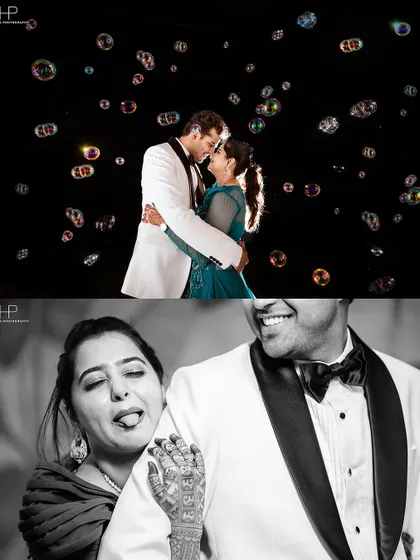 A fun and whimsical collage featuring a couple surrounded by bubbles against a black background. The bottom frame captures a candid, playful moment in black and white.