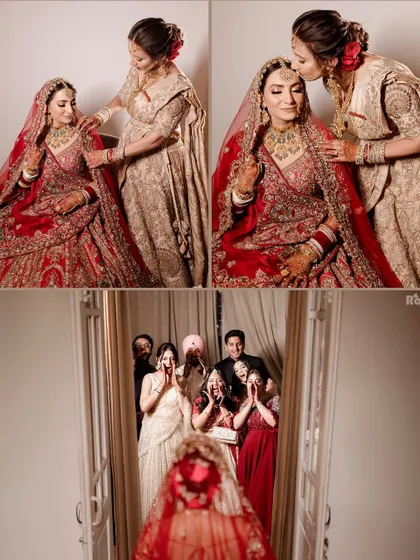A collage capturing emotional family moments, including the bride with her mother and the family's joyful reaction to seeing her for the first time.