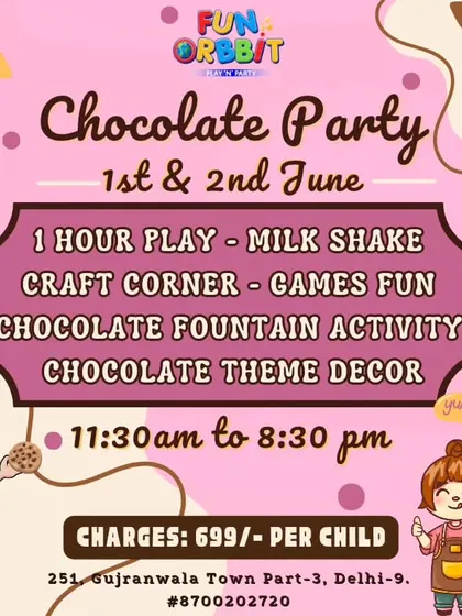 Our official poster for the Chocolate Party, detailing all the sweet activities included, from a chocolate fountain to a milkshake and themed decor.