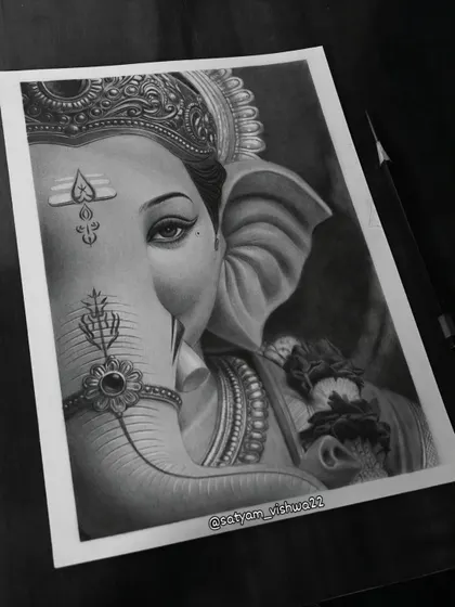 An artistic take on Lord Ganesha, focusing on the intricate details of his eye and the tilak on his forehead. This hyper-realistic pencil sketch is a popular choice for bringing blessings and removing obstacles from a new home or office.