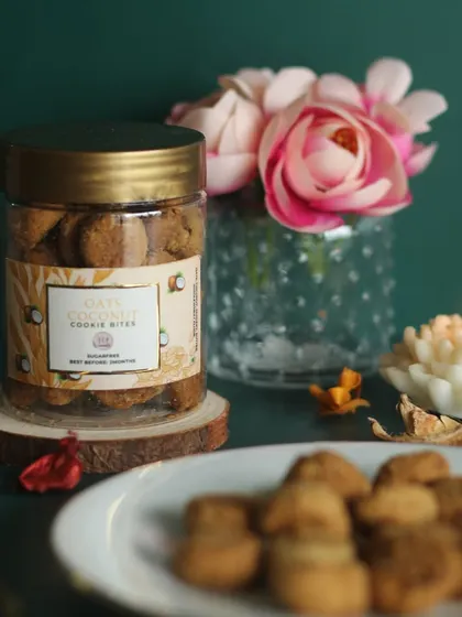 A close-up of our oat coconut cookie bites. They are perfectly crunchy and delicious, making them a great addition to any festive celebration.