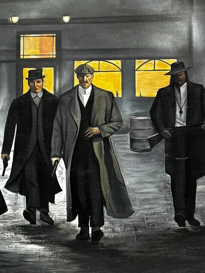 Another detailed shot from the mural, focusing on the figures on the right. The lighting from the windows and the texture of the street were important elements in building the scene's atmosphere.