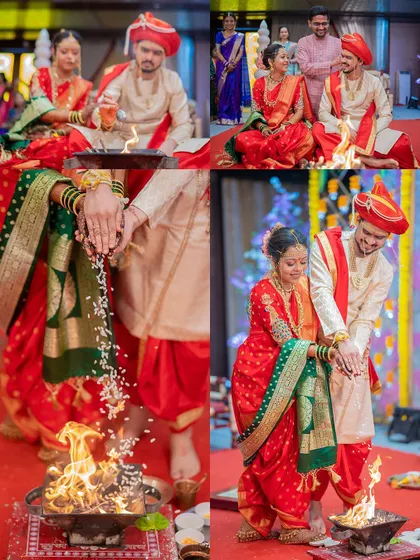 A collage of the 'laja homa' ritual, where the couple offers puffed rice to the sacred fire, a key part of the wedding ceremony.