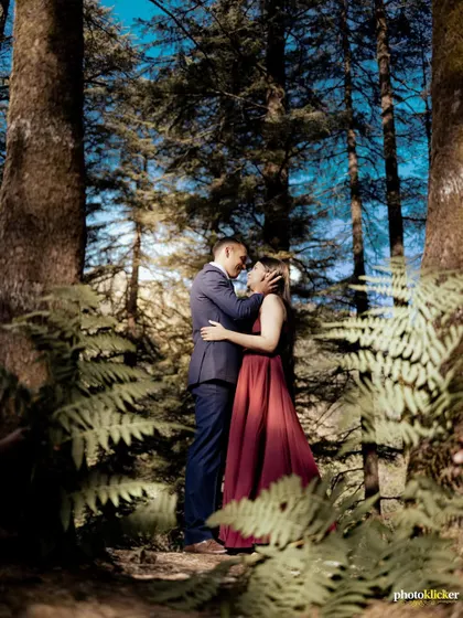 A romantic shot of a couple about to kiss, framed between two large trees in a dense forest, creating a naturally beautiful composition.