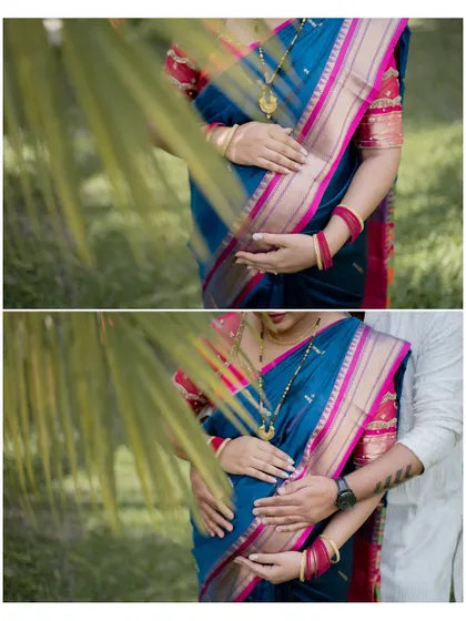 Close-up shots focusing on the baby bump. The top image highlights the mother's hands, while the bottom shows the father's hands joining hers, symbolizing their shared journey.