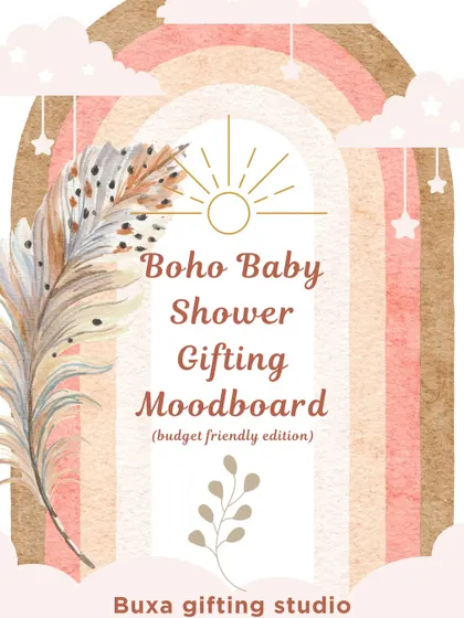An inspiration board for a boho-themed baby shower, focusing on natural textures, dried flowers, and handmade soaps for return gifts.