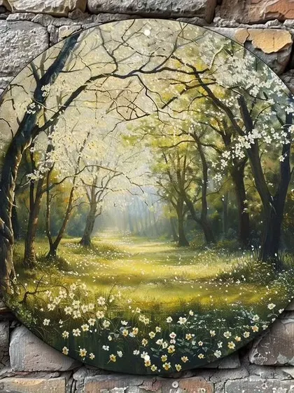 Our collection of circular landscape paintings offers a unique perspective on nature. These pieces, depicting everything from serene meadows and tranquil lakes to rustic farmhouses, are perfect for creating a charming focal point on any wall.