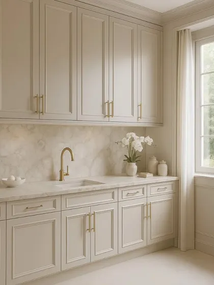 With its classic paneled cabinetry, brushed gold hardware, and creamy marble surfaces, this neoclassical kitchen tells a quiet story of refinement. It’s a peaceful rhythm between tradition and modern simplicity.