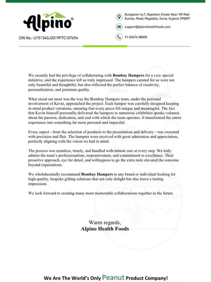 This letter from Alpino Health Foods speaks volumes about our collaboration. My process is deeply personal, and I work closely with brands to ensure every hamper reflects their vision and leaves a lasting impression.