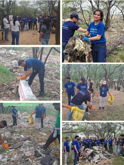 A collage from Mercer's massive clean-up drive, where 65 people, including children, removed 580 kg of waste from the Aravali Forest in just two hours.