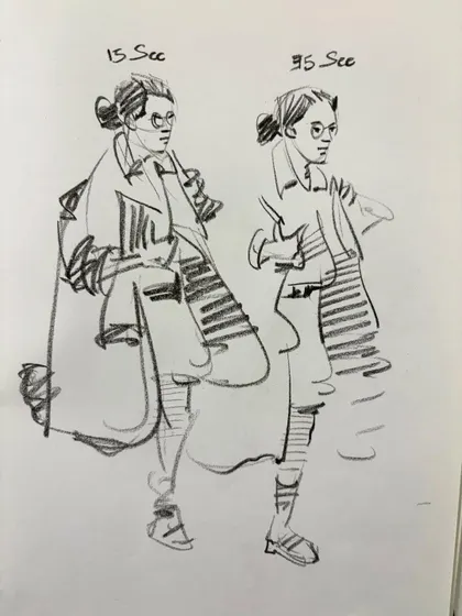 A quick gesture drawing exercise, showing the same pose captured in 15 seconds versus 35 seconds.