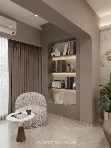 This curated chill-out corner harmonizes organic textures with refined comfort. The textured upholstery chair and abstract shelf unit anchor the space. This nook embodies tranquility with a sculptural presence.