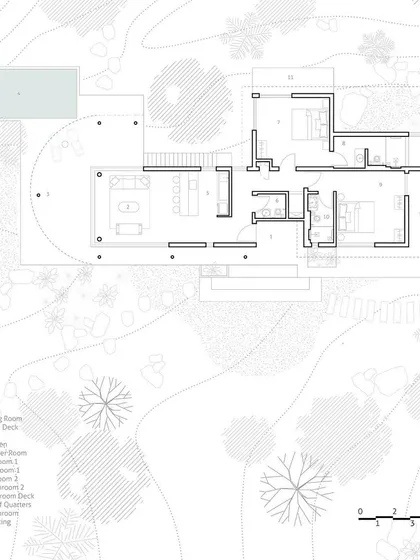 The architectural floor plan for Pavilion House. This drawing illustrates the clear division between the public living wing and the private bedroom wing, and how each space connects to the outdoor decks and pool.