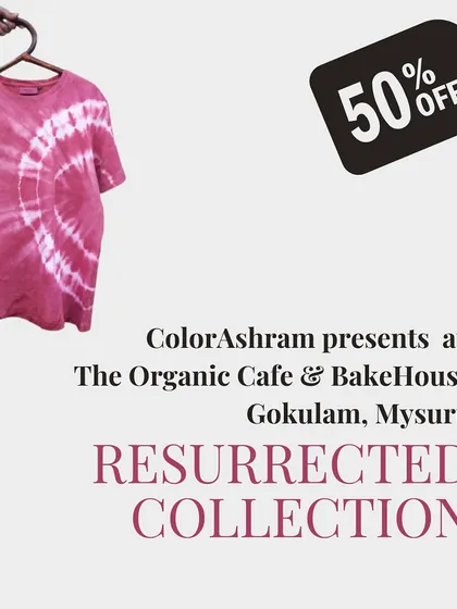We launched our Resurrected Collection, featuring upcycled samples and dead stock, at a local organic cafe. These tie-dyed pieces are offered at a discount to encourage conscious consumption and reduce textile waste.
