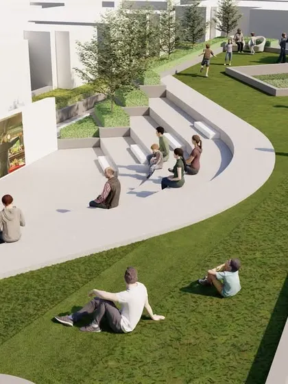 A design for an outdoor amphitheater at Casagrand Southbrooke, using terraced seating and green slopes to create a natural and informal gathering space.
