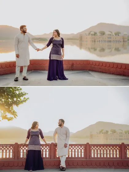 A pair of images capturing the couple holding hands and interacting naturally by the lake at Jal Mahal, showcasing our candid photography style.