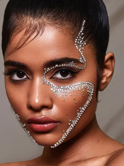 A close-up of an avant-garde makeup look with an intricate pattern of rhinestones. This editorial shot emphasizes creativity and precision, pushing the boundaries of conventional beauty photography.