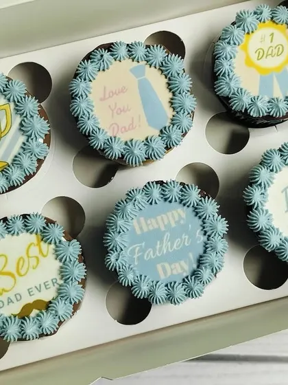 A clear, bright shot of the Father's Day cupcake box, showcasing all six unique designs together.