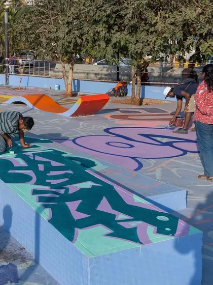 Working alongside other artists on different sections of the Bandra Skatepark mural. Large projects are a collaborative effort.