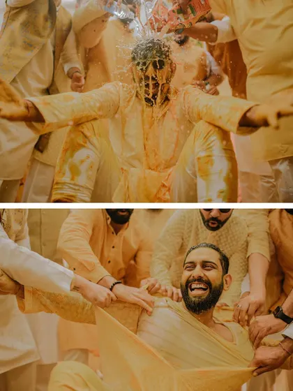 A collage showing the groom's wild Haldi ceremony. He is completely covered in turmeric paste, a testament to the fun and love shared by his friends and family.