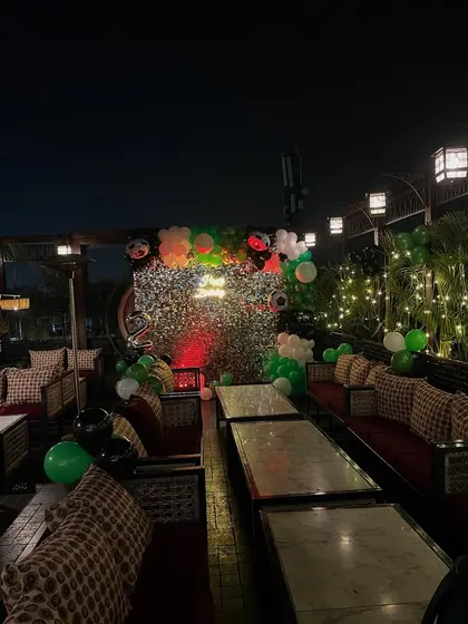 A wide view of the terrace setup, showing how I can decorate outdoor restaurant spaces for private parties.