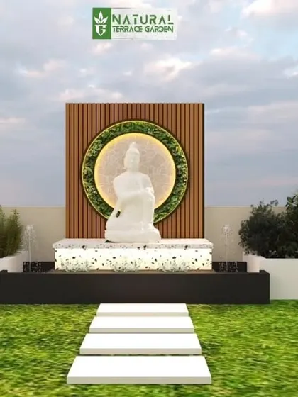 A 3D render of a proposed Buddha water feature, with a back-lit circular panel and an integrated planter.