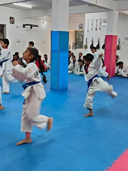 A class of blue belts practicing their kicks.