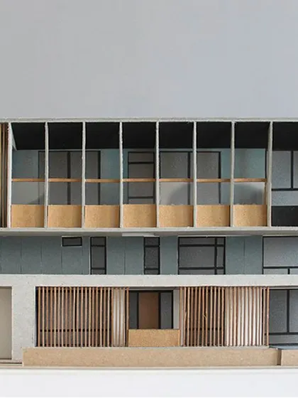 A physical model exploring the facade design for a house in Indiranagar. Models like this are an essential part of our process, allowing us to study light, shadow, and materiality in three dimensions before construction begins.