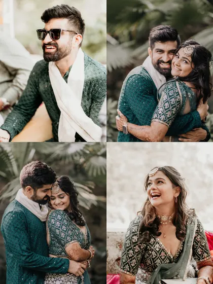 A collage of the couple enjoying their mehndi ceremony. The mix of candid hugs, laughter, and portraits tells the story of their happy day.