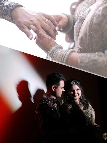 A collage combining a close-up of the ring exchange with a dramatic, shadowy portrait of the couple.