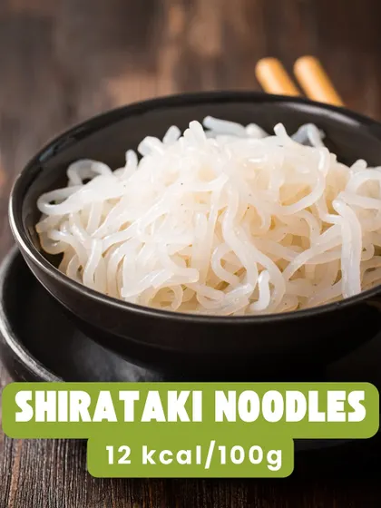 Shirataki noodles are an amazing low-calorie option, with only 12 kcal per 100g. They are a great substitute for traditional noodles in any dish.