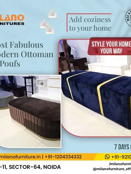 Add extra seating and a touch of luxury with our custom ottomans and poufs. This long bench-style ottoman is upholstered in rich blue velvet with gold metal accents, making it a fabulous addition at the foot of a bed or in a living room.