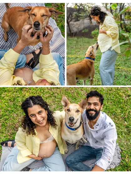 A collage from a sunny outdoor maternity shoot. The vibrant colors and the family's joyful interactions with their Indie dog make for a beautiful and lively set of photos.