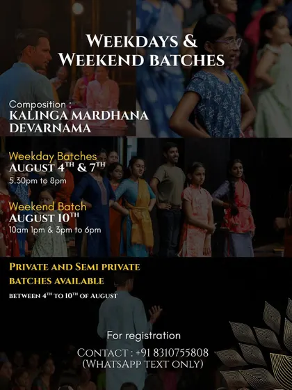 Here are the specific batch timings for our LA workshops. We are teaching the "Kalinga Mardhana Devaranama" composition and have structured the sessions to accommodate different schedules, including private coaching options.
