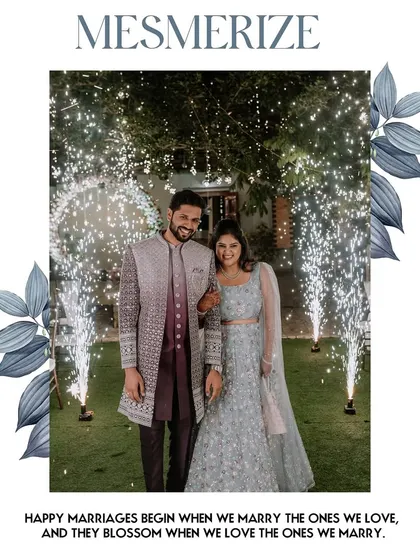 A stylized portrait of the couple from their reception, framed with decorative leaves.
